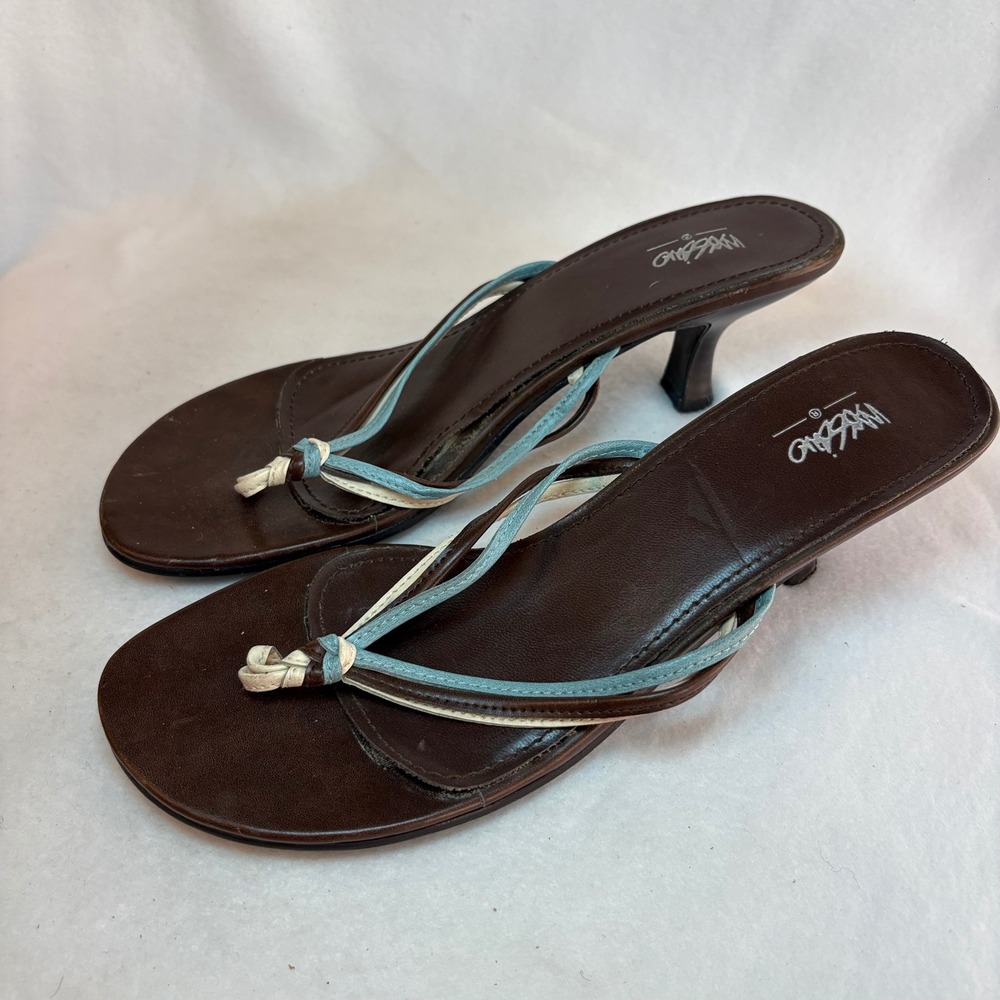 Mossimo Vintage Y2K Kitten Heels Brown Leather Thong Sandals Blue Straps Size 8